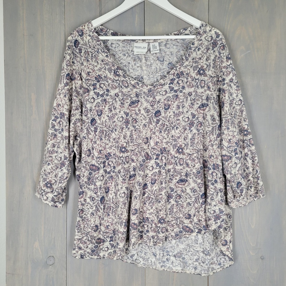 Rachel‎ Zoe Linen Top Women 2X Purple Floral Good V-Neck 3/4 Sleeve High-Low